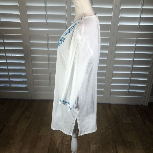 Just Bee White Beach Top Swim Cover L 100% Cotton Gauze 3/4 Sleeve Turquoise - Picture 6 of 12